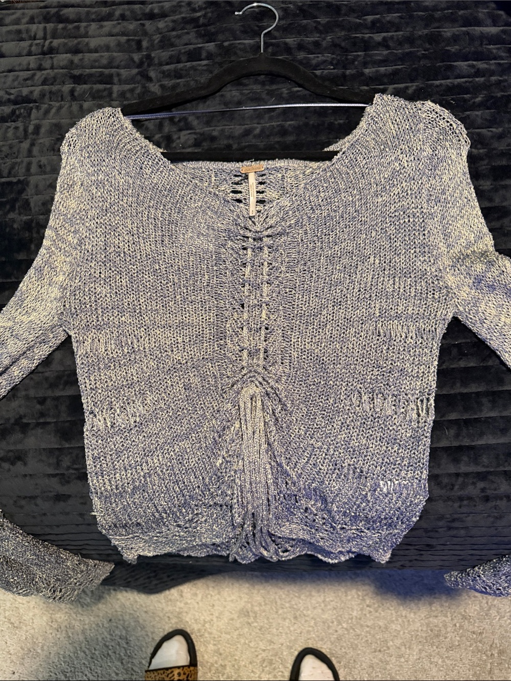 Free People Heathered Gray Openwork Front-Tie Sweater